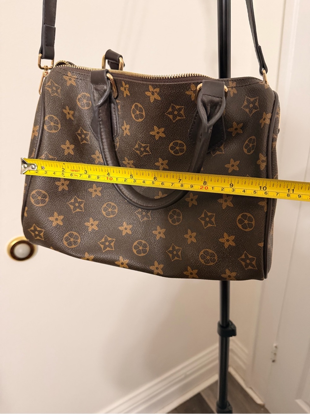 Brown Monogram-Style Top-Handle Satchel with Adjustable Strap - Picture 5 of 6